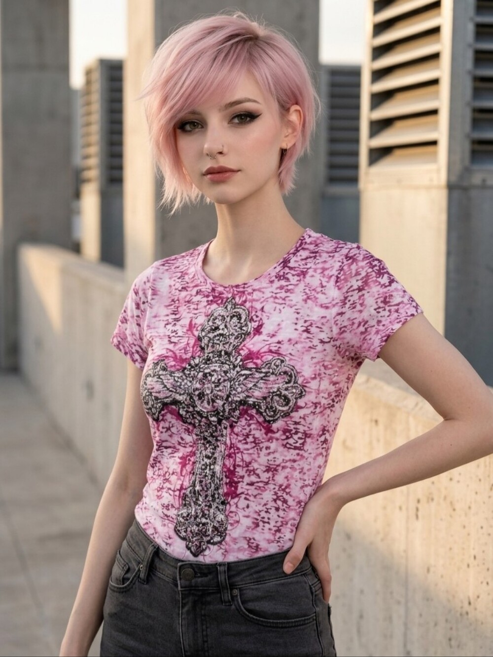 🔺️Petrol Fuchsia Burnout Bedazzled Gothic Cross Short Sleeve Top Medium